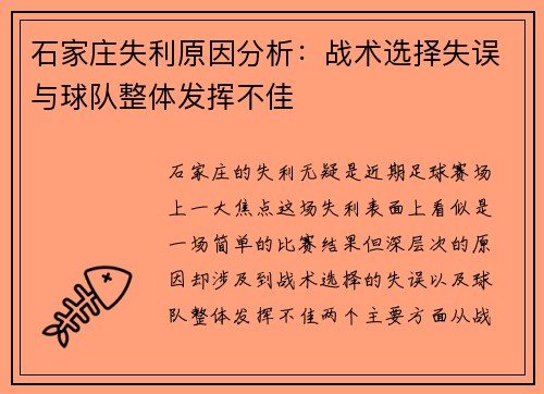石家庄失利原因分析：战术选择失误与球队整体发挥不佳